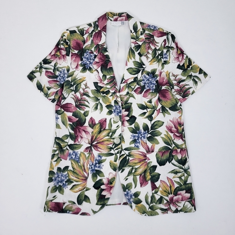 90’s botanical blazer short sleeve blouse button up floral long pockets vintage - Picture 15 of 16